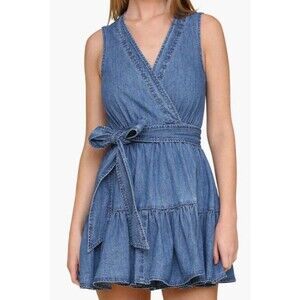 NWT Avec Les Filles Anthropologie Tie Waist Wrap Denim Mini Dress Size 2 $158